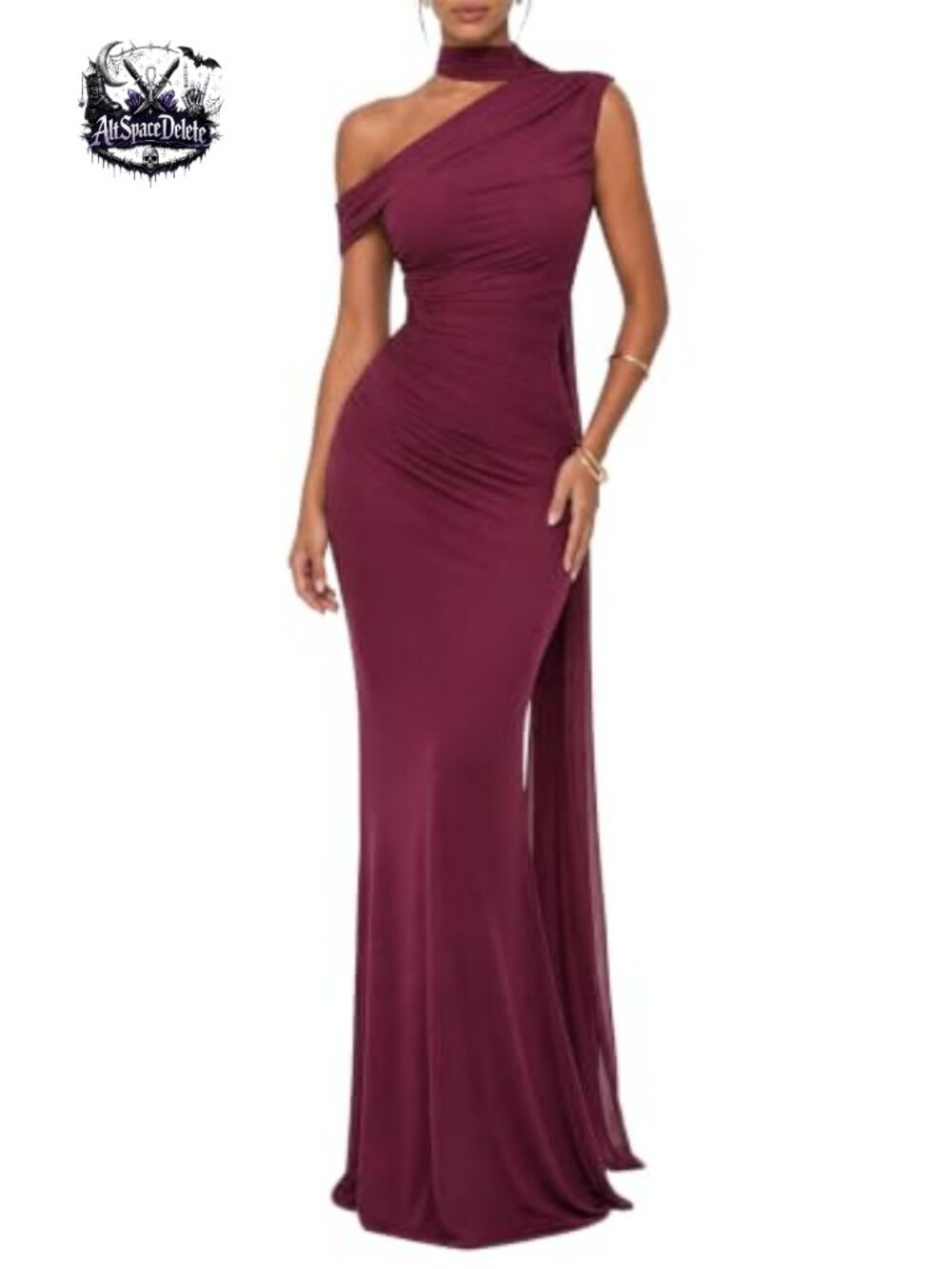 One Shoulder Mesh Ribbon Ruched Formal Maxi Dress